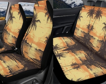 Retro Beach Sunrise Car Seat Covers Full Set, Tropical Summer Seat Covers For Vehicle, Car Seat Protector, Car Accessories Gift