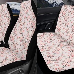Japanese Cherry Blossom Flower Car Seat Covers Full Set, Pink Sakura Floral Front And Back Seat Cover For Woman, Steering Wheel Cover, Gift