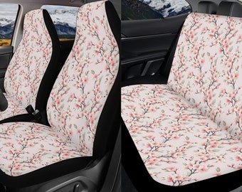 Japanese Cherry Blossom Flower Car Seat Covers Full Set, Pink Sakura Floral Front And Back Seat Cover For Woman, Steering Wheel Cover, Gift