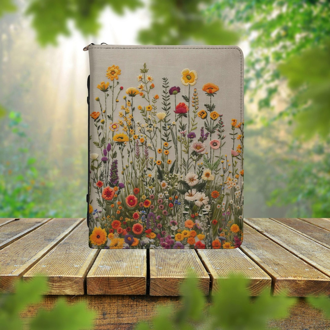 Wildflowers PU Vegan Leather Bible Cover for Women, Faux Embroidery ...