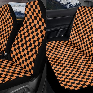 Black and Orange Checkered Car Seat Covers Full Set, Checkerboard Front And Back Seat Covers For Vehicle, Steering Wheel Cover, Car Gift