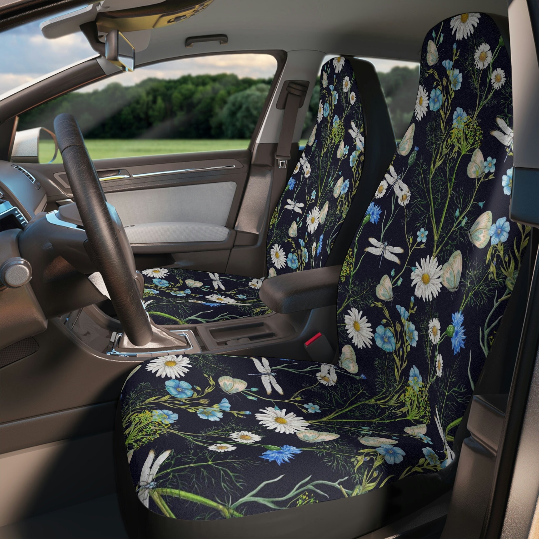 Buy Dark Blue Botanical Floral Set of Two Front Car Seat Covers