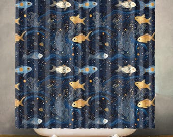 May include: Navy blue shower curtain with a repeating pattern of stylized fish in gold, white, and blue. The design includes wavy lines and aquatic plant illustrations, creating an underwater scene. The text "ZEN & SHAPE" is visible at the bottom.