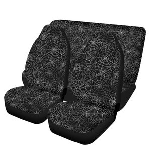 Juego completo de fundas para asientos de coche con diseño de telarañas oscuras, fundas para asientos delanteros y traseros espeluznantes de Halloween para vehículos, funda para volante, regalo de decoración para coches Full Set (4pcs)