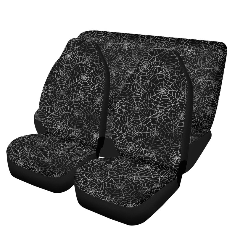 Juego completo de fundas para asientos de coche con diseño de telarañas oscuras, fundas para asientos delanteros y traseros espeluznantes de Halloween para vehículos, funda para volante, regalo de decoración para coches Full Set (4pcs)