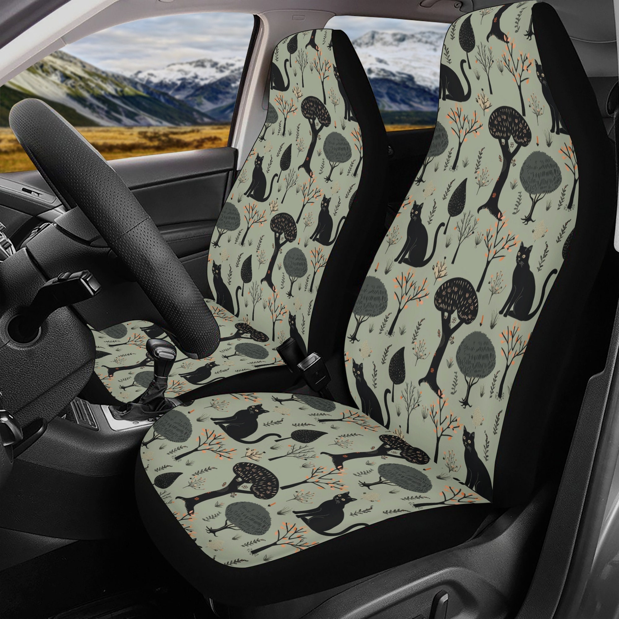 Black Cat Forest Car Seat Covers Full Set, Cottagecore Cat Front And Back Seat Covers For Vehicle, Steering Wheel Cover, Car Decor Gift