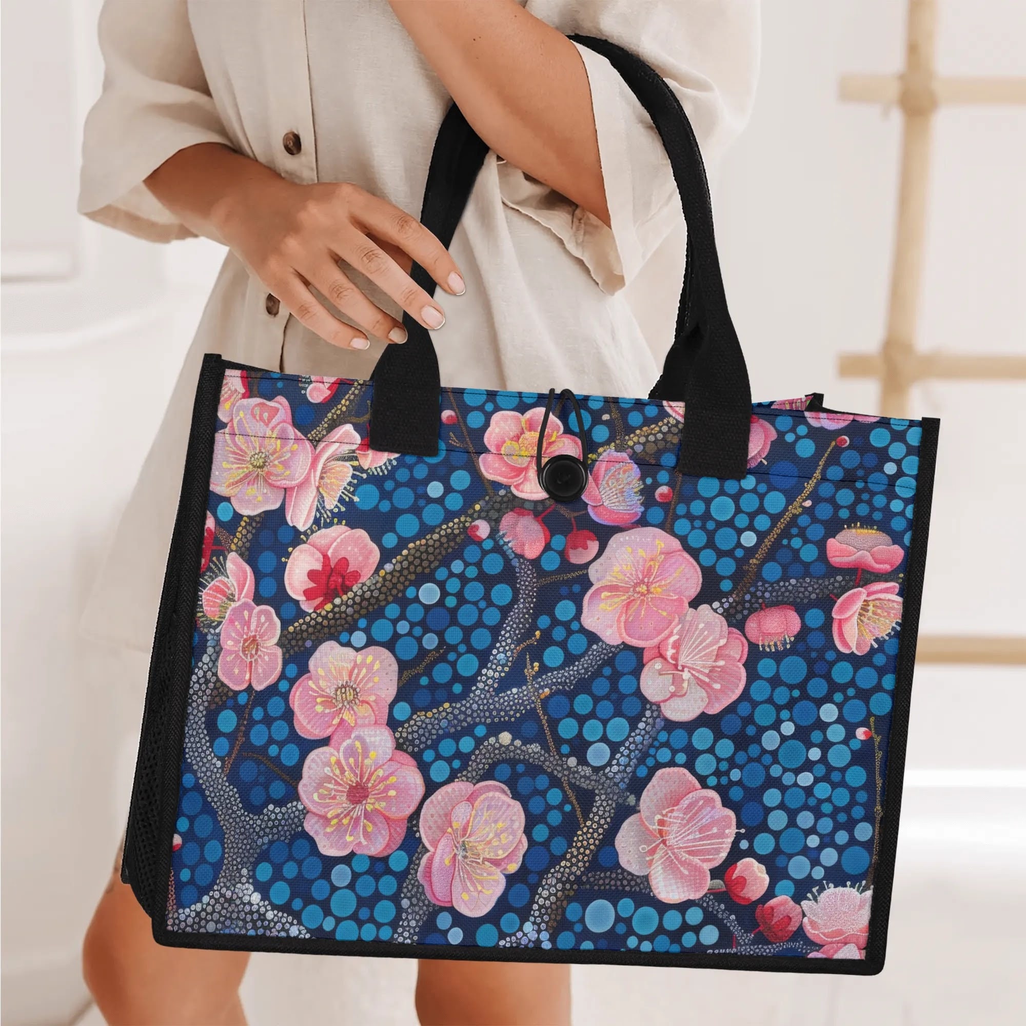 Retro Cherry Blossom Floral Premium (3-layer) Canvas Tote