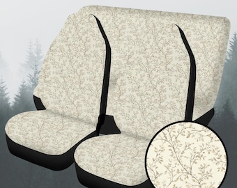 Vintage Leaf Car Seat Covers Full Set, Neutral Boho Botanical Front And Back Seat Covers For Vehicle, Steering Wheel Cover, Car Decor Gift