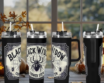 Spooky Spider Halloween 40oz Stainless Steel Tumbler With Handle Lid and Straw, Retro Spider Drink Cup, Travel Tumbler, Fun Tumbler Gift