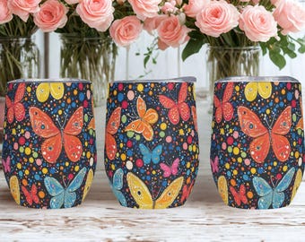Butterfly Boho 12oz Wine Tumbler, Retro Butterflies Wine Cup with Lid, Travel Mug, Party Favor, Bridesmaid Gift, Gift For Mom