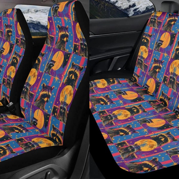 Retro Raccoon Moon Car Seat Cover Full Set, Vintage Raccoon Front And Back Seat Covers For Vehicle, Car Decor Gift, Gift For Raccoon Lover