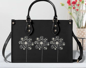 Cottagecore Doodle Daisy Flower PU lederen handtas, veganistische lederen riemtas, schattige esthetische bloemen crossbody trendy reistas, cadeau voor haar