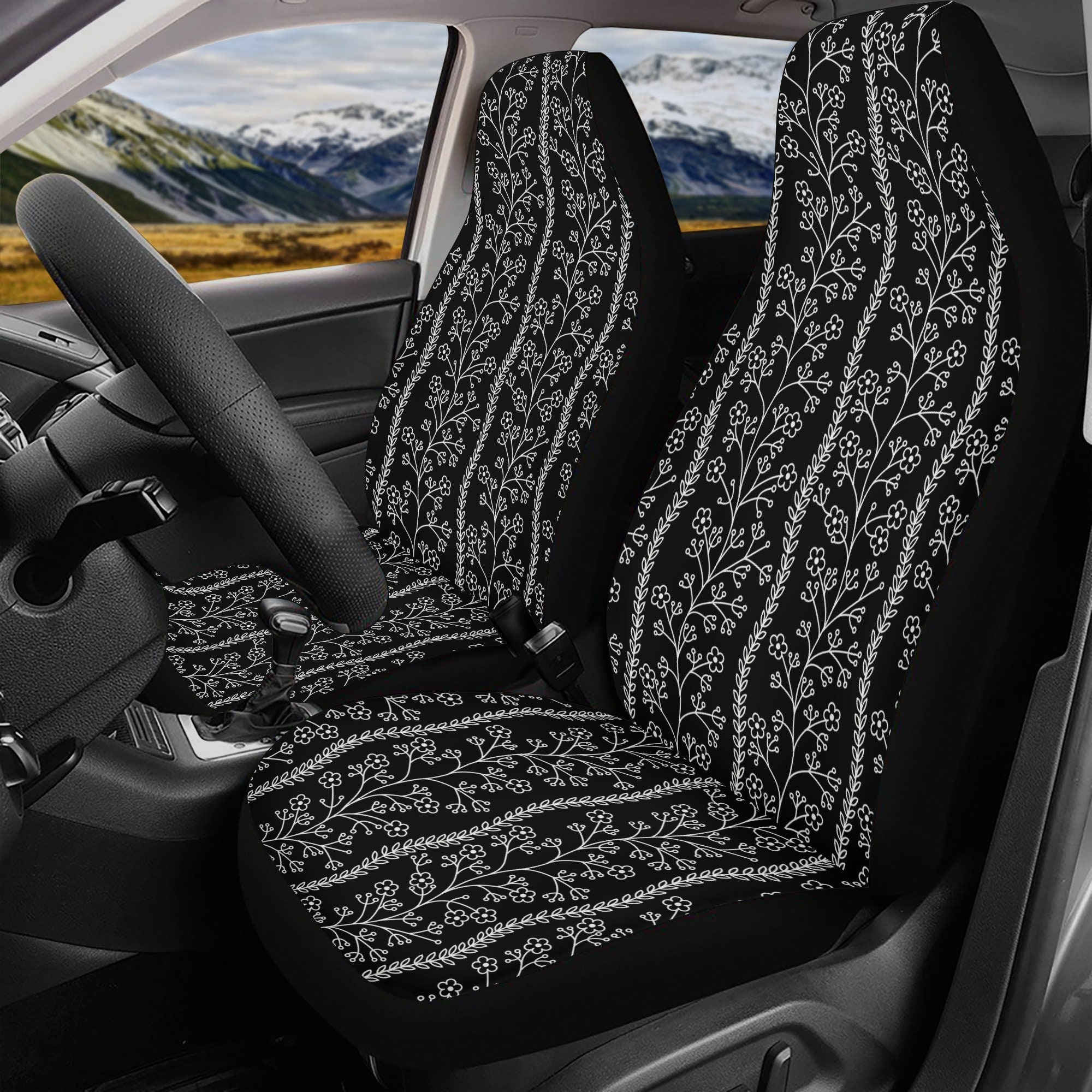 Black And White Wildflowers Car Seat Covers