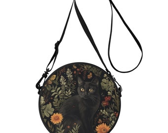 Black Cat Forest Round Satchel Bag, Vintage Woodland Nature Floral