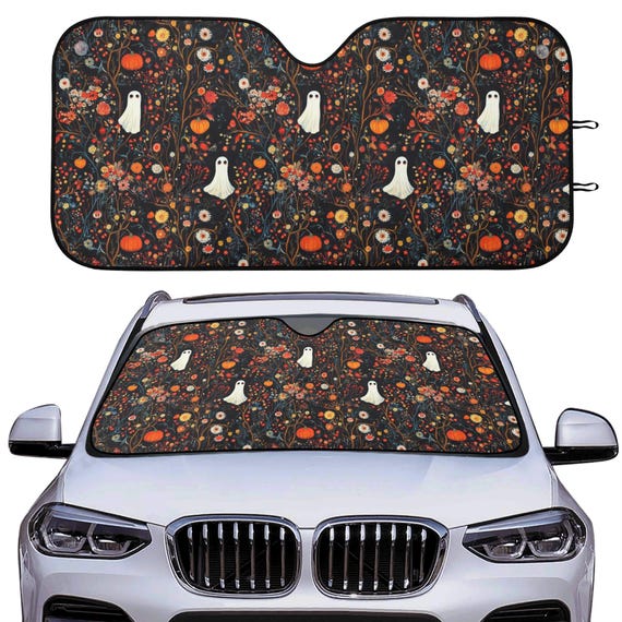 Boho Ghost Forest Car Auto Sun Shade, Cute Spooky Halloween Windshield Sunshade, Car Decor Gift, Car Accessories, Front Window Cover