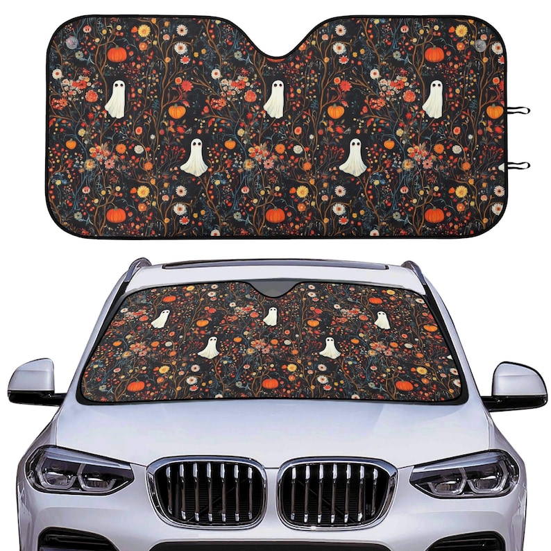 Boho Ghost Forest Car Auto Sun Shade, Cute Spooky Halloween Windshield Sunshade, Car Decor Gift, Car Accessories, Front Window Cover
