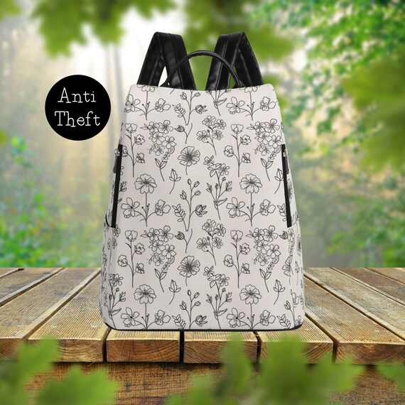 Doodle Wildflower PU Leather Anti Theft Backpack, Safe Backpack