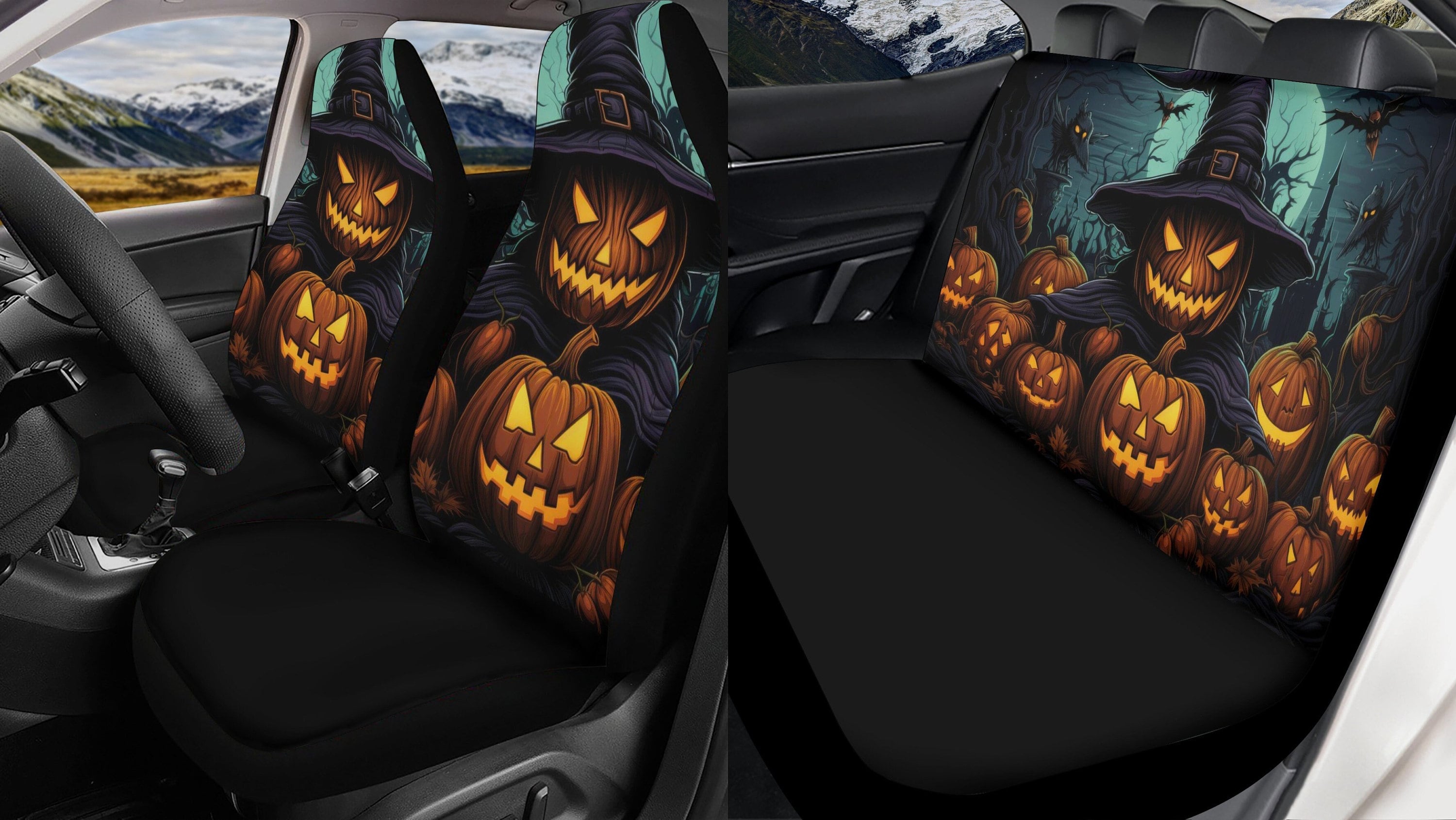 Witch Halloween Car Seat Covers Full Set Spooky Ghost Pumpkin Front And Back Seat Covers Steering Wheel Cover Car Decor Accessories Gift