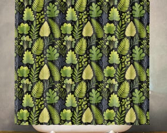 Green Forest Waterproof Shower Curtain, Leaf Botanical Bathroom Decor, Polyester Fabric, Machine Washable Bath Curtain, Includes 12 Hooks
