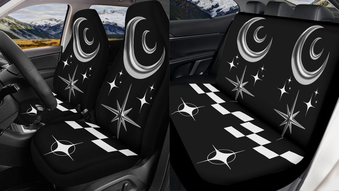 Y2K Moon and Stars Car Seat Covers Full Set, Crescent Moon Black Front