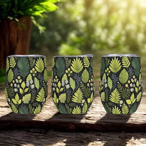 Green Leaf Forest 12oz Wine Tumbler, Cute Cottagecore Wine Cup with Lid, Travel Mug, Summer Party Favor, Camping Gift, Nature Lover Gift