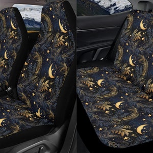 Boho Moon And Stars Car Seat Covers Full Set, Celestial Mystical Leaf Botanical Front And Back Seat Covers For Vehicle, Steering Wheel Cover