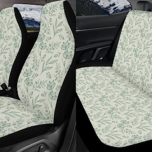 Botanical Green Leaf Car Seat Cover Full Set, Cottagecore Front And Back Seat Covers For Vehicle, Steering Wheel Cover, Car Decor Gift