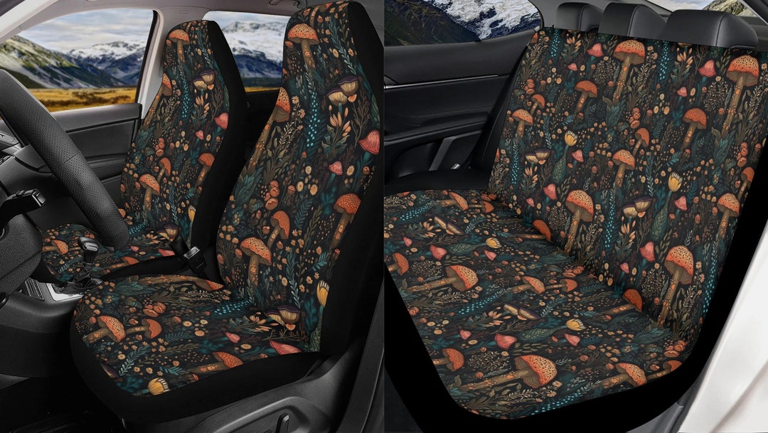Boho Cottagecore Mushroom Car Seat Covers Full Set, Dark Botanical Floral, Front and Back Seat