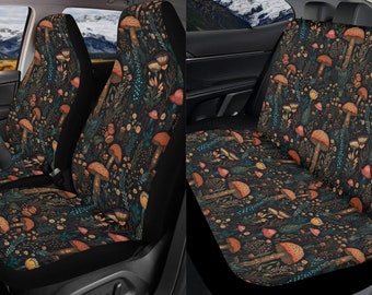 Boho Cottagecore Mushroom Car Seat Covers Full Set, Dark Botanical Floral, Front And Back Seat Covers, Steering Wheel Cover, Car Decor Gift