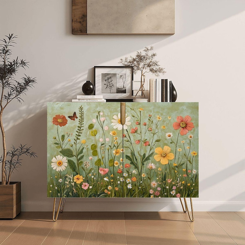 Cottagecore Wildflowers Storage Cabinet, Floral Wooden Cabinet With ...