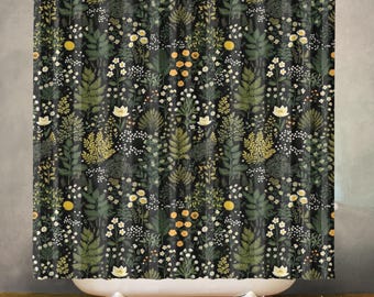 Green Forest Waterproof Shower Curtain, Leaf Botanical Bathroom Decor, Polyester Fabric, Machine Washable Bath Curtain, Includes 12 Hooks
