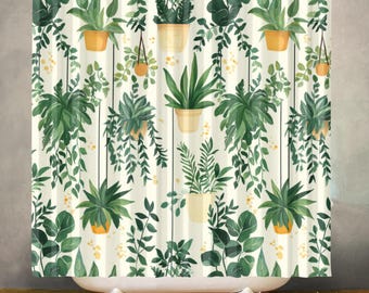 Green Botanical Waterproof Shower Curtain, Plant Lover Bathroom Decor, Polyester Fabric, Machine Washable Bath Curtain, Includes 12 Hooks
