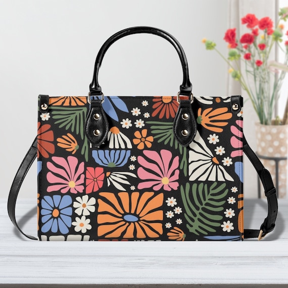 Boho Abstract Wildflowers Women PU Leather Handbag Vegan Leather Strap Floral Bag Cute Aesthetic Crossbody Hippie Travel Bag Gift For Her