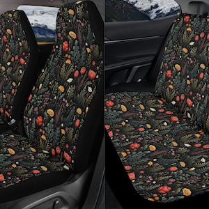 Witchy Forest Flower Car Seat Covers Full Set, Cottagecore Floral Front And Back Seat Covers For Vehicle, Steering Wheel Cover, Car Gift