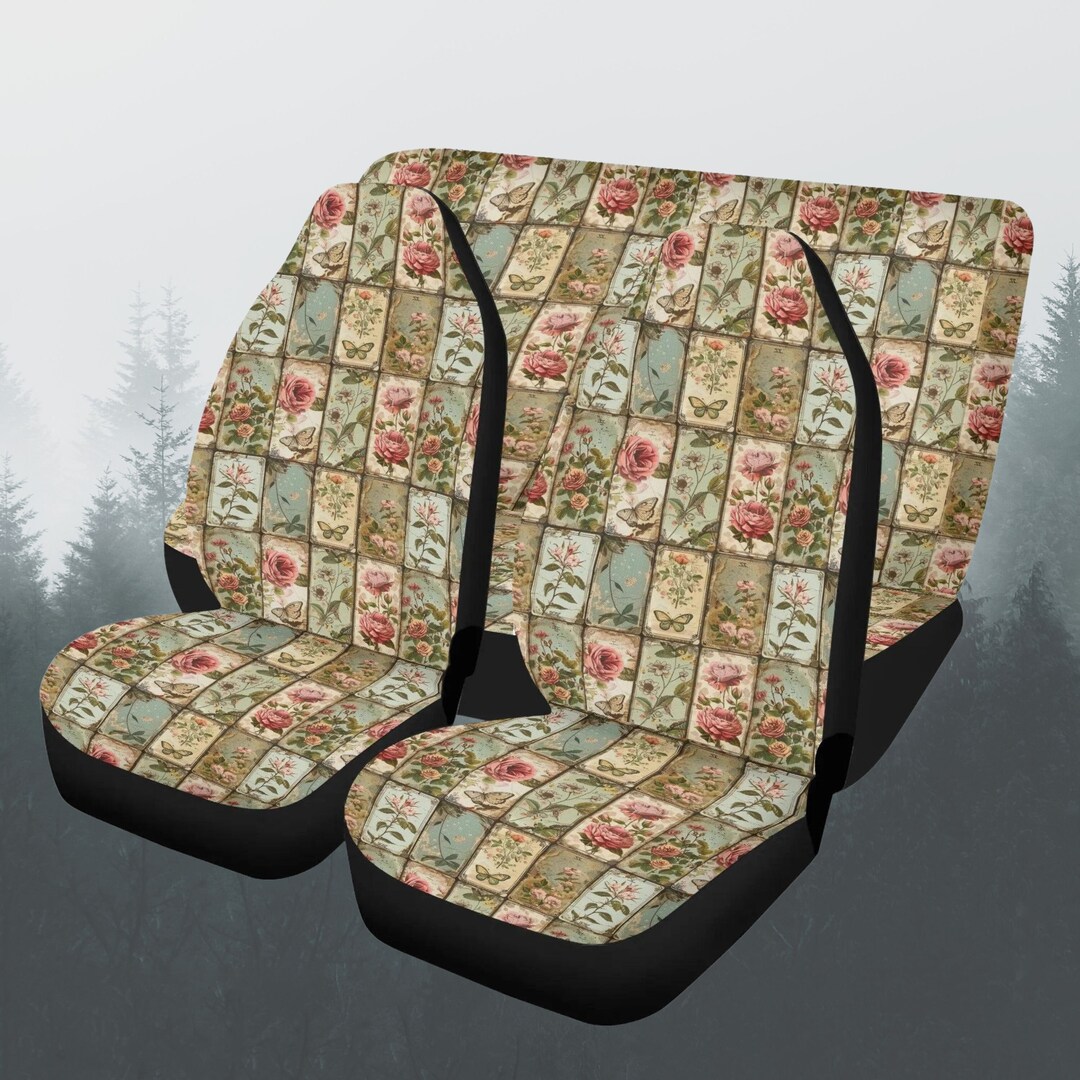 Vintage Floral Car Seat Cover Full Set, Retro Boho Nature Front and ...