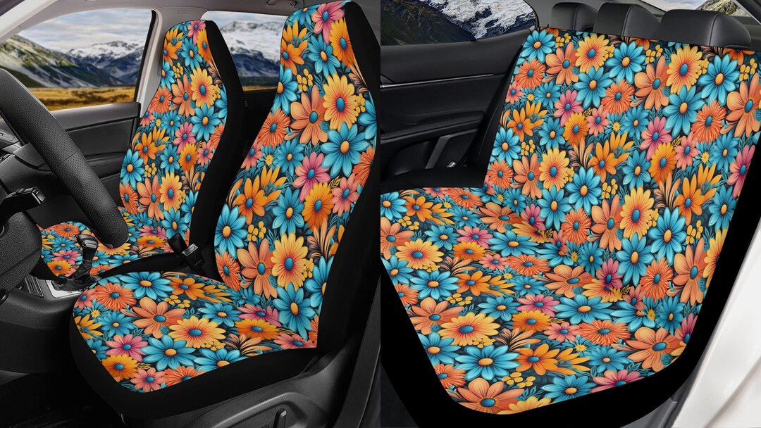 Summer Hippie Floral Car Seat Covers Full Set, Retro 70s Flowers Seat