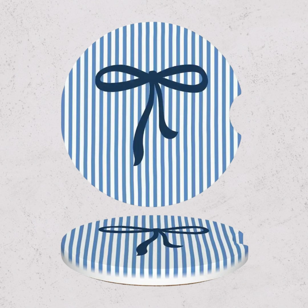 Preppy Bow Ribbon Ceramic Car Coasters Set of 2, Blue Stripes Car ...