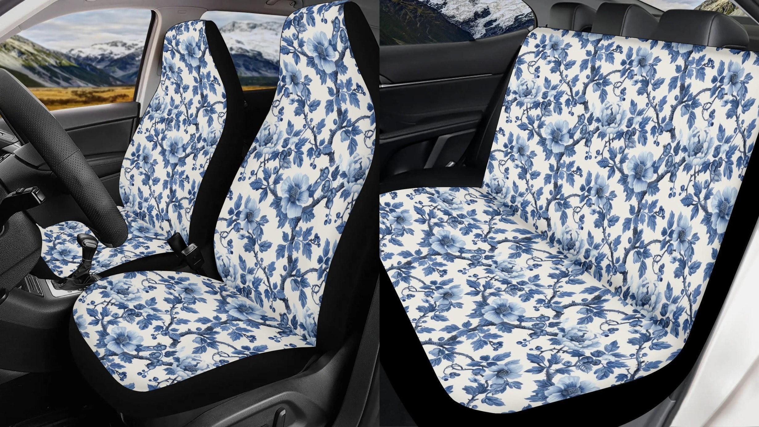 Chinoiserie Blue Floral Car Seat Cover Full Set, Retro Boho Floral ...