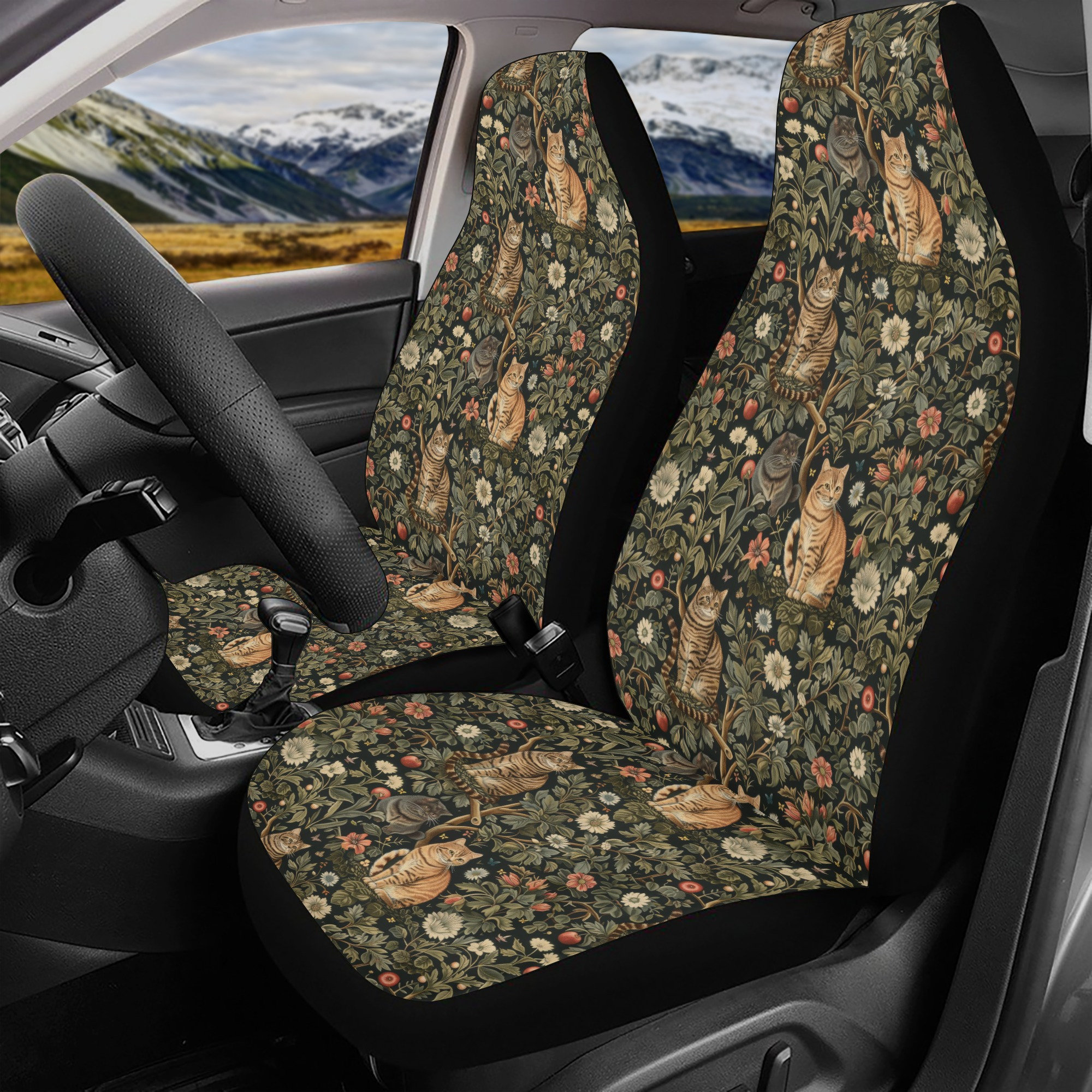 Vintage Cat Forest Car Seat Cover Set, Boho Cat Floral Front And Back Seat Covers For Vehicle, Steering Wheel Cover, Car Decor Gift