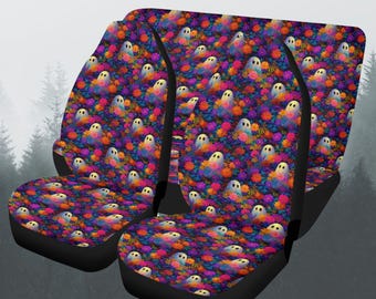 Spooky Flower Garden Car Seat Cover Full Set, Ghost Floral Front And Back Seat Covers, Steering Wheel Cover, Halloween Car Decor Gift