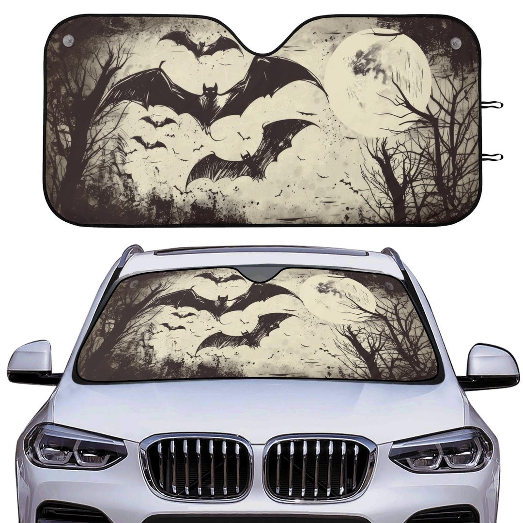 Gothic Bats Car Auto Sun Shade, Spooky Season Bat Halloween Windshield ...