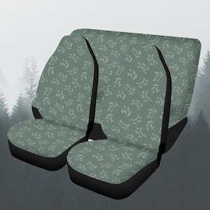 Boho Green Leaves Car Seat Covers Full Set, Botanical Green Front And Back Seat Covers, Steering Wheel Cover, Seat Covers For Women Car Gift
