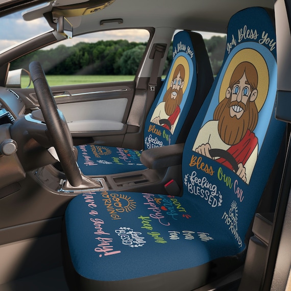 Funny Jesus Driving Set of Two Front Car Seat Covers, Hilarious