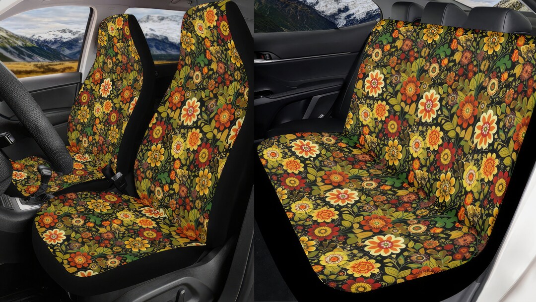Boho Floral Car Seat Covers Full Set, Ethnic Native Flowers