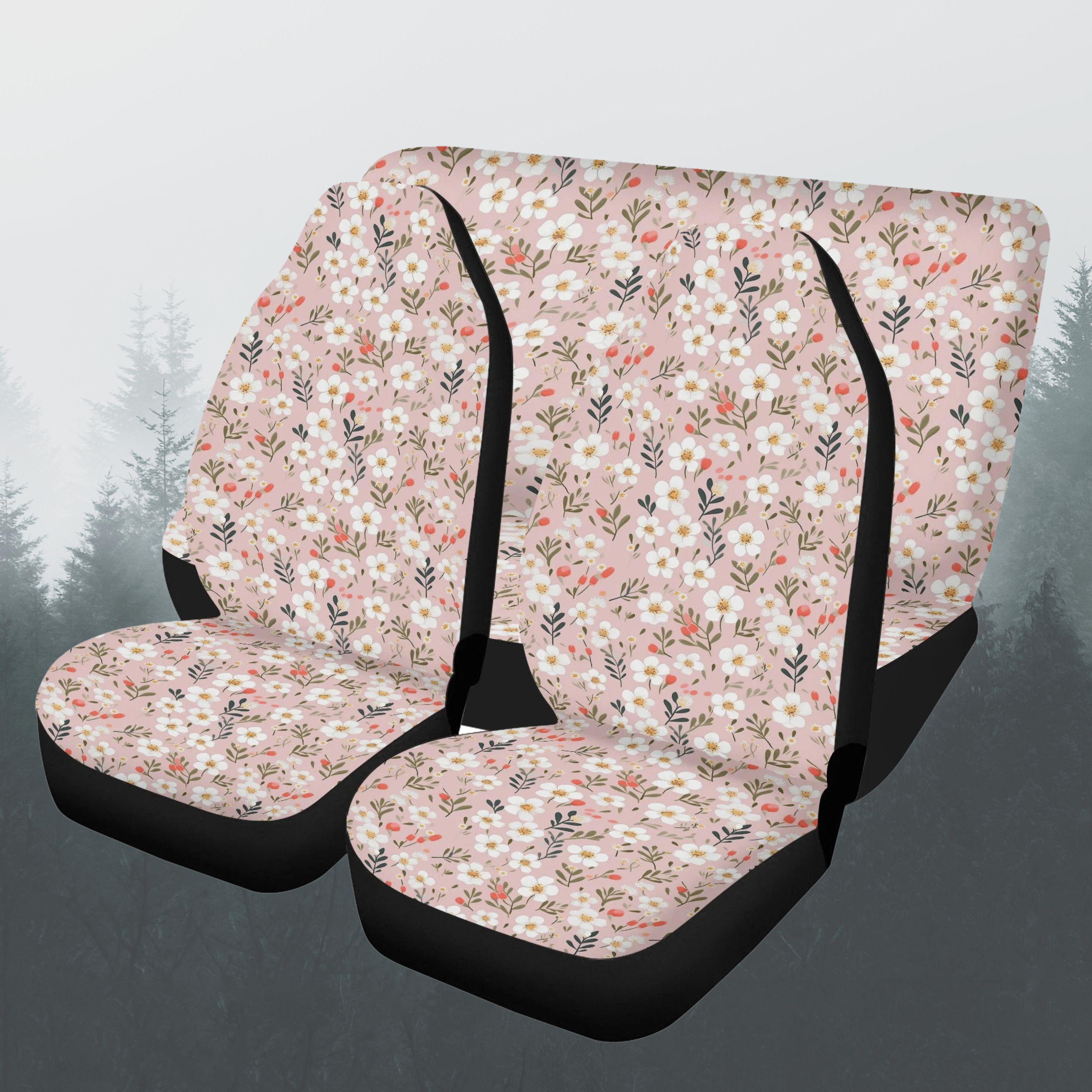 Sanrio Hello Kitty 7PC Pink Car Front Back Car Seat Covers & Steering Wheel Cover | Bucket Seat With Headrest | Rear | Seat Cover Set