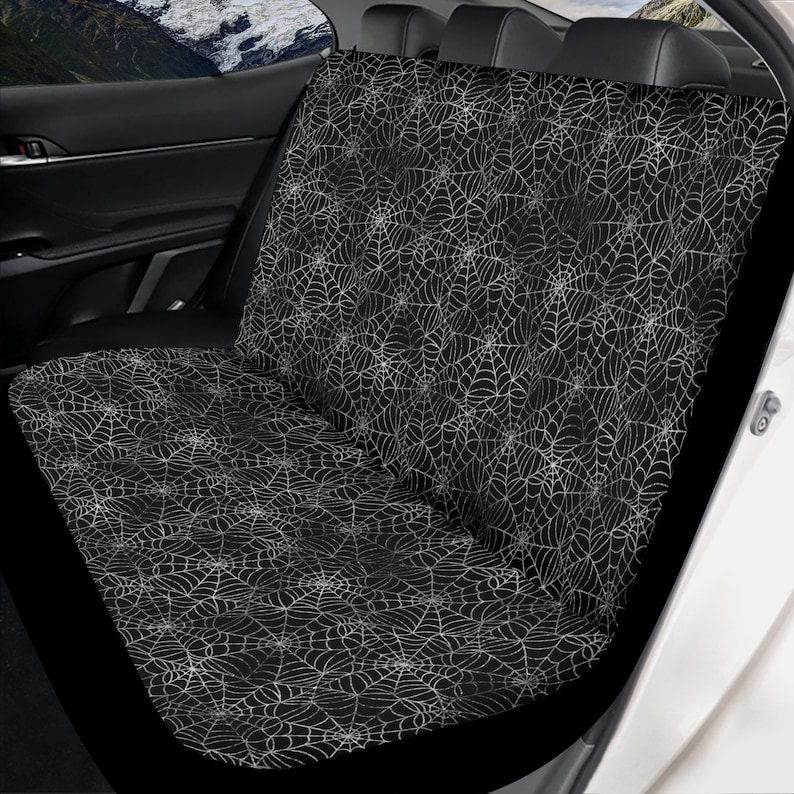 Juego completo de fundas para asientos de coche con diseño de telarañas oscuras, fundas para asientos delanteros y traseros espeluznantes de Halloween para vehículos, funda para volante, regalo de decoración para coches Back Seat (2pcs)