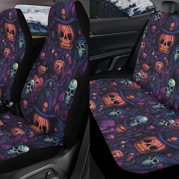 Whimsigoth Halloween Car Seat Covers Full Set, Gothic Skull Pumpkin Spooky Seat Covers For Vehicle, Steering Wheel Cover, Car Decor Gift