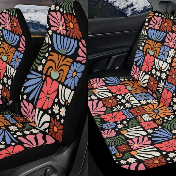 Boho Wildflowers Car Seat Covers Full Set, Wild Floral Nature Botanical Seat Covers For Vehicle, Steering Wheel Cover, Car Accessories Gift