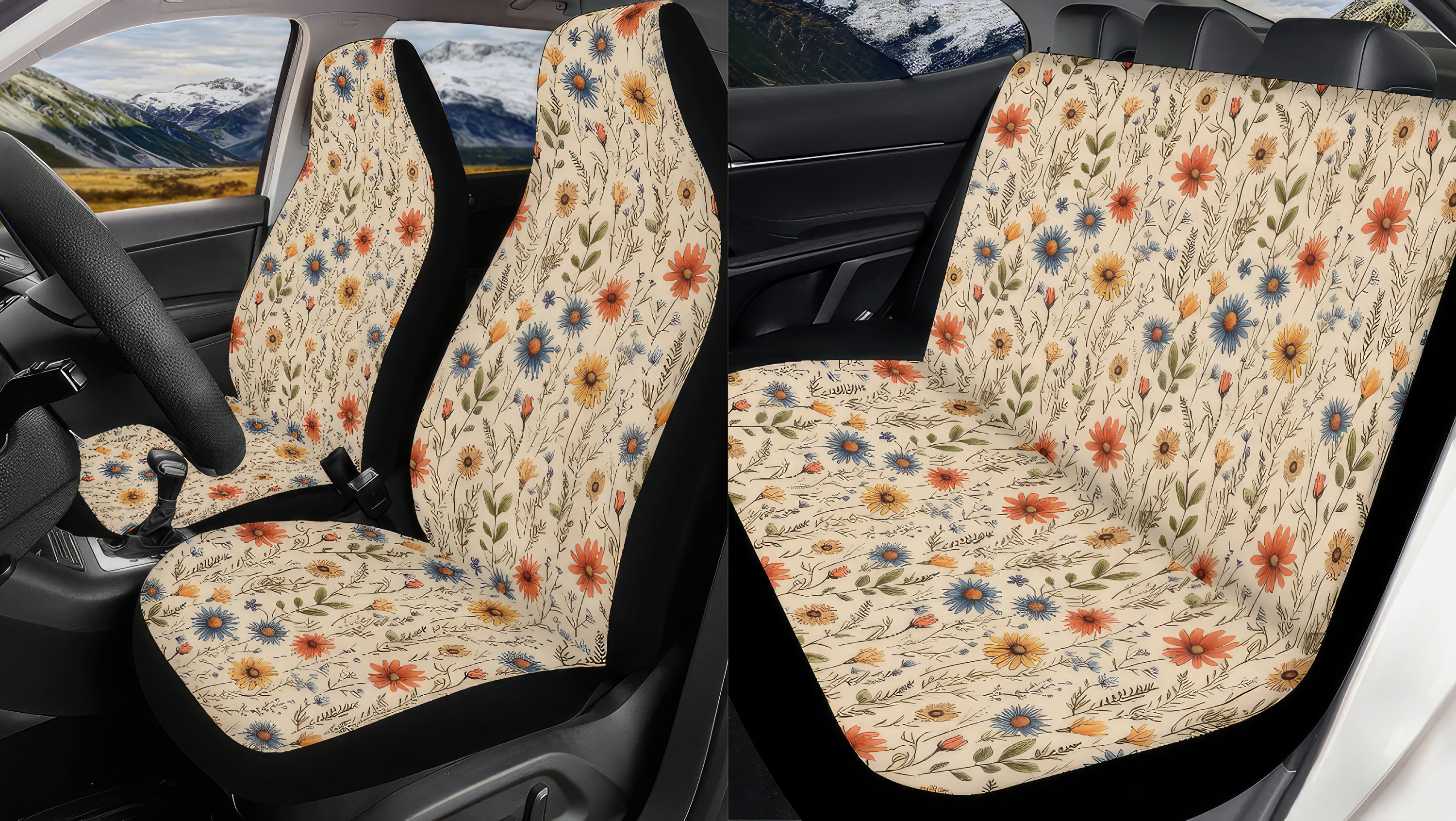 D50 Geometric Floral Spring Black Car Seat Covers