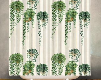 Green Botanical Waterproof Shower Curtain, Plant Lover Bathroom Decor, Polyester Fabric, Machine Washable Bath Curtain, Includes 12 Hooks